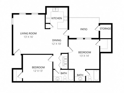 Floor plan for 2 beds, 2 baths, 995 sqft